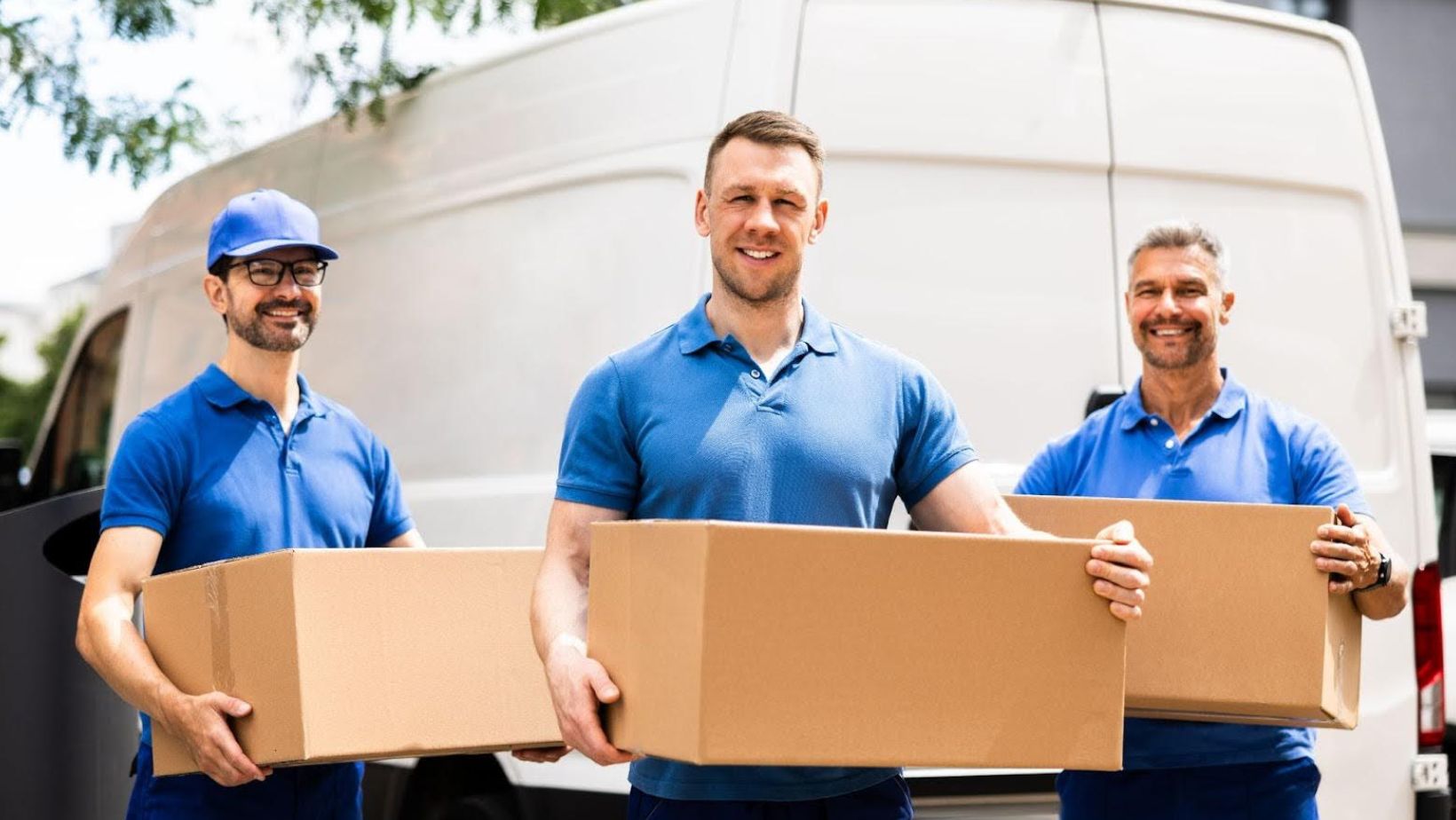 Three professional movers in blue shirts holding boxes outside of a moving van.